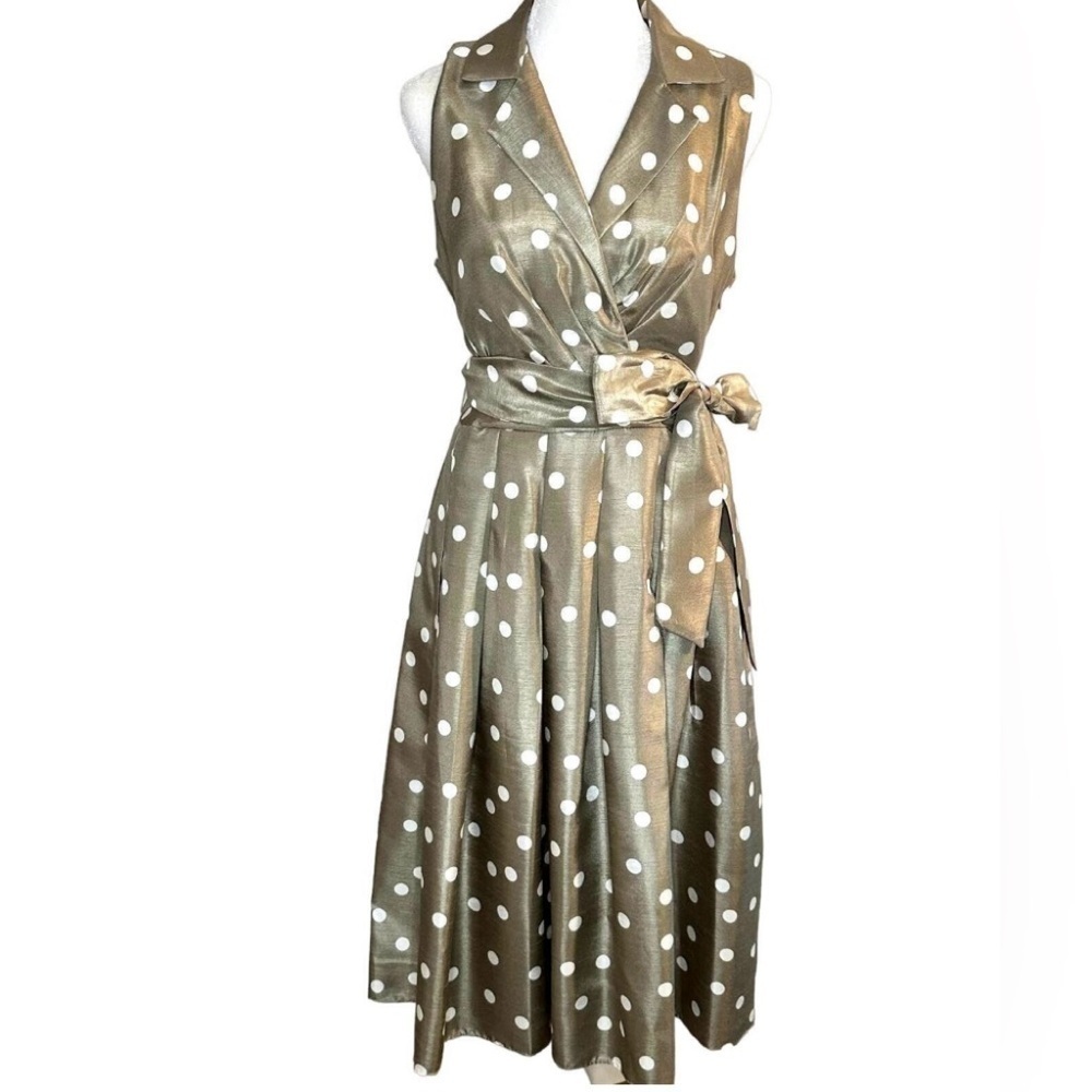 Jessica Howard Silver-Goldish/White Polka Dot A-Line Retro /Dress 6